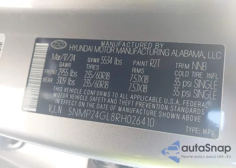 2024 Hyundai Santa Fe Sel из США, поврежденный, VIN 5NMP24GL8RH026410